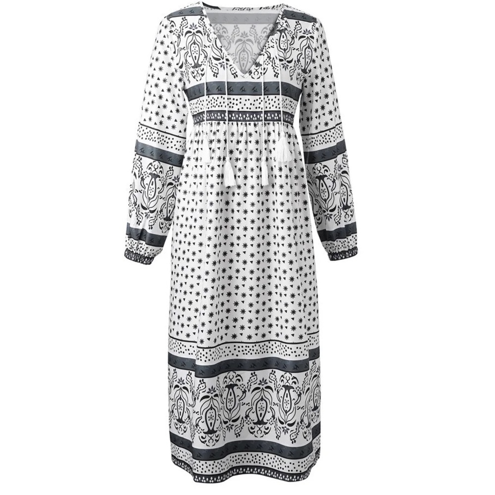 Hawalili Patterned Long Sleeve Maxi Boho V-Neck White Black Dress